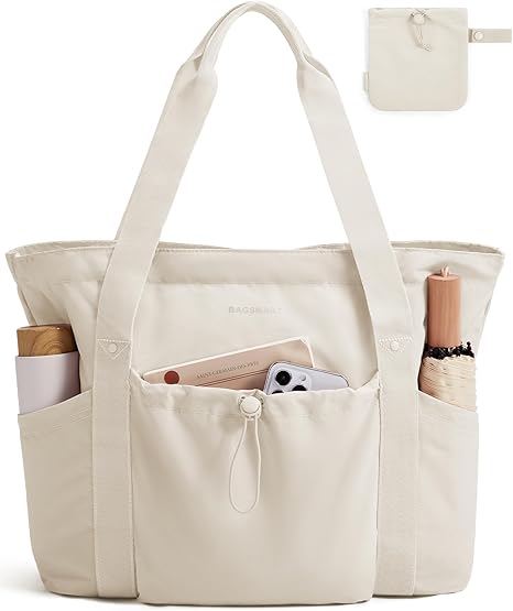 BAGSMART Foldable Tote Bag with Drawstring Bag, Large Tote Bag Shoulder Bag Top Handle Handbag for Travel, Work, Beach, Gym
